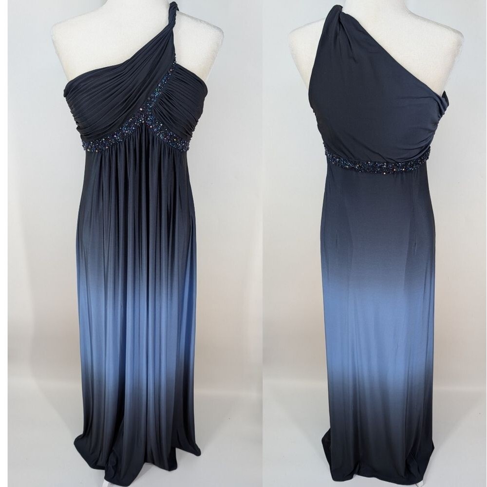 Adrianna Papell Boutique Navy Blue Ombre Beaded One-Shoulder Column Gown 10 NWT